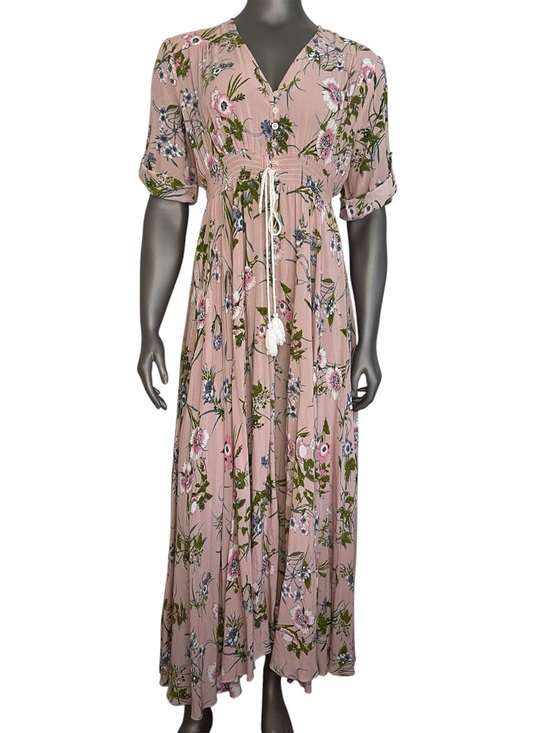 Unbranded Dresses & Skirts - Floral Maxi Dress 2XL Pink Button Down Rayon Wild Flower Flowy Summer Long Slit